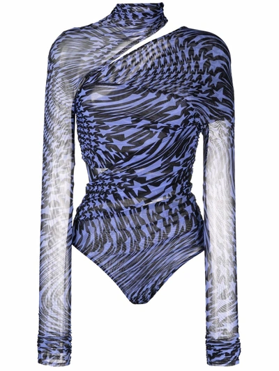 Mugler Cutout Printed Stretch-mesh Turtleneck Bodysuit In  Star Black Mugblue