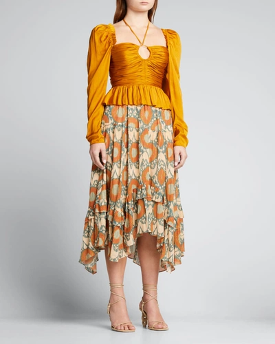 Ulla Johnson Mirelle Plissé Satin Peplum Blouse In Yellow