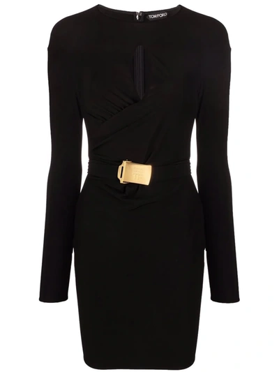 Tom Ford Keyhole Belted Body-con Jersey Mini Dress In Black