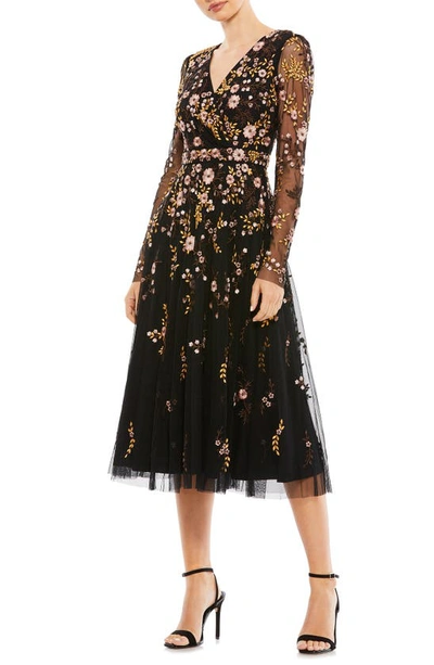 Mac Duggal Embroidered Wrap Over Illusion Sleeve Midi Dress In Black