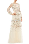 Mac Duggal Embroidered High Neck Illusion Sleeve Tiered Gown In Multi