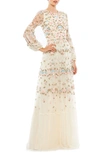 Mac Duggal Embroidered High Neck Illusion Sleeve Tiered Gown In Ivory