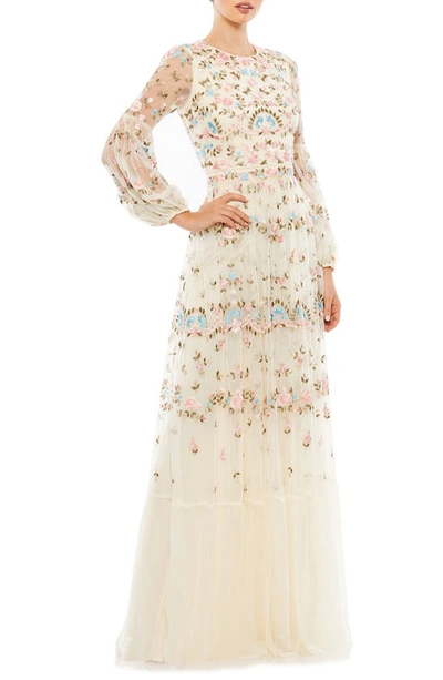 Mac Duggal Embroidered High Neck Illusion Sleeve Tiered Gown In Ivory