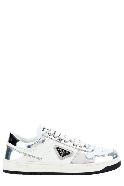 Prada Downtown Sneakers In Metallic Leather In Bianco/argento