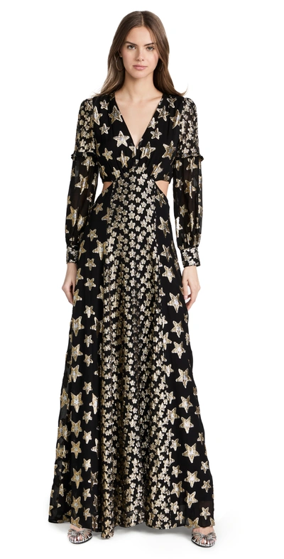 Loveshackfancy Aneesha Cutout Metallic Fil Coup Crepe De Chine Maxi Dress  In Black | ModeSens