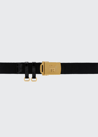 Tom Ford Leather-trimmed Logo-jacquard Belt In Black