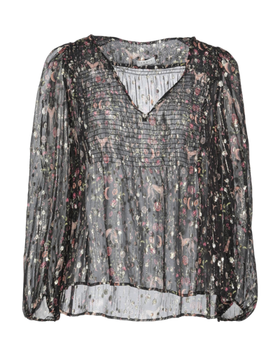 Sandro Womens Noir / Gris Leon Printed Smocked-detail Silk Top 8 In Black