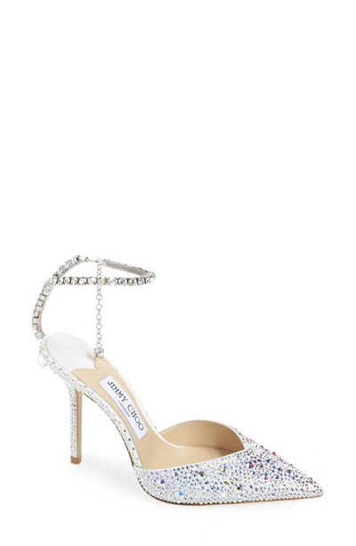 Jimmy Choo Saeda Crystal Ankle Strap Pointed Toe Pump In White