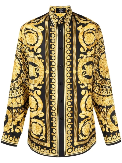 Versace Barocco Print Long-sleeve Silk Shirt In Gold