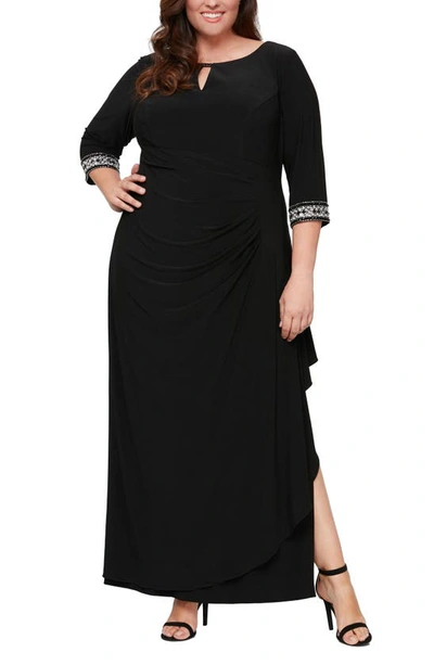 Alex Evenings Ong A-line Dress With Side Ruched Cascade Skirt In Black