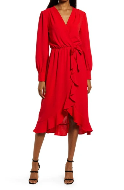 Fraiche By J Faux Wrap Ruffle Long Sleeve Dress In Red