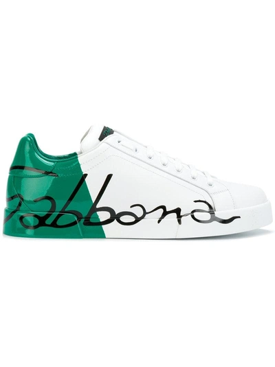 Dolce & Gabbana Portofino Sneakers In Leather And Patent In White/green