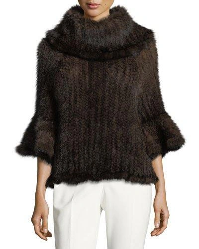 Adrienne Landau Knit Fur Bell-sleeve Poncho, Brown