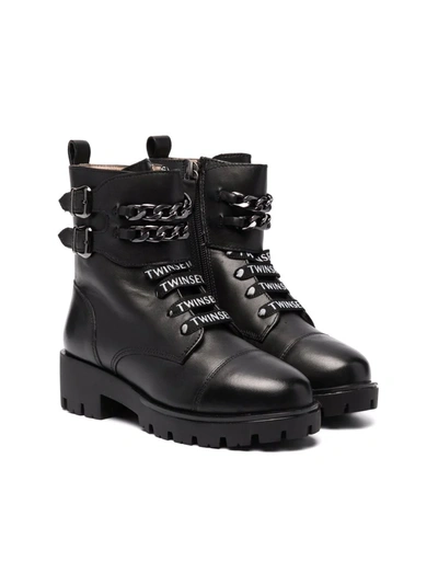 Twinset Teen Logo-laced Leather Boots In Black
