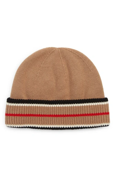 Burberry Reversible Striped Cashmere And Cotton-blend Beanie In Black/camel