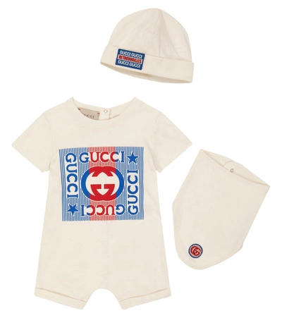 Gucci Baby Logo Cotton Playsuit, Hat And Bib Set In Sunkissed/mc
