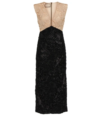 Gucci Plunge-neck Bi-colour Cordonnet-lace Dress In Black