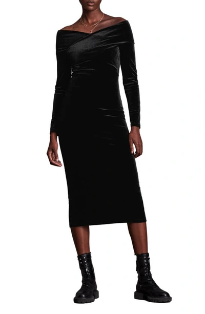 Allsaints Delta Long Sleeve Velvet Dress In Black