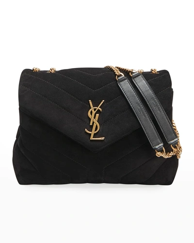 Saint Laurent Loulou Small Monogram Ysl Suede V-flap Shoulder Bag In Black