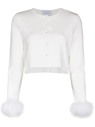 Sleeper White Feather-trimmed Knitted Cardigan