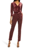 Fraiche By J Velvet Tie Waist Jumpsuit In Berry