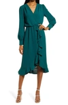 Fraiche By J Faux Wrap Ruffle Long Sleeve Dress In Dark Green