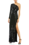 Mac Duggal Sequin One-shoulder Long Sleeve Column Gown In Black