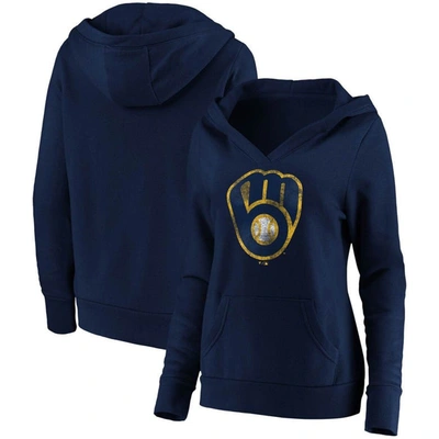 Fanatics Plus Size Navy Milwaukee Brewers Official Logo Crossover V-neck Pullover Hoodie