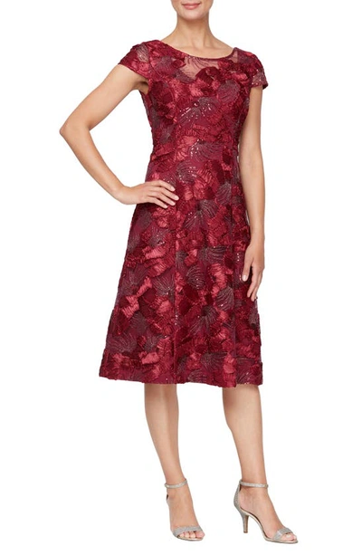 Alex Evenings Floral Embroidered A-line Soutache Dress In Cranberry