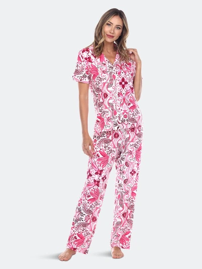 White Mark Plus Size Short Sleeve Pants Tropical Pajama Set, 2-piece In White,pink