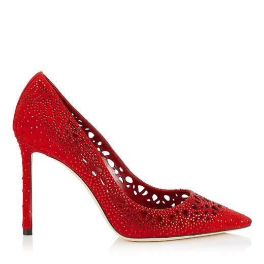 Jimmy Choo Romy 100 Red Perforated Suede With Crystal Hotfix Detailing ...