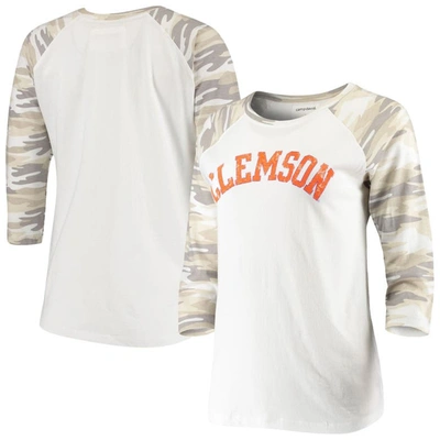 Camp David Women's White, Camo Clemson Tigers Boyfriend Baseball Raglan 3/4 Sleeve T-shirt In White/camo