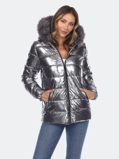 White Mark Plus Size Metallic Puffer Coat With Hoodie In Grey