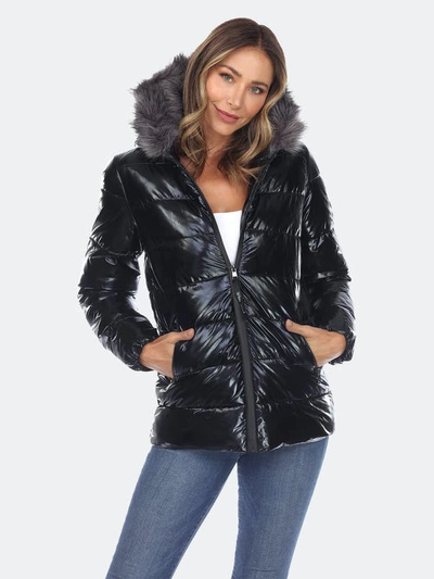 White Mark Plus Size Metallic Puffer Coat With Hoodie In Black