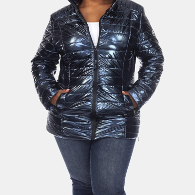 White Mark Plus Size Metallic Puffer Coat With Hoodie In Blue
