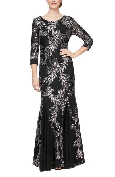 Alex Evenings Sequin Embroidered Trumpet Gown In Black/pewter