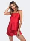 White Mark Women's Satin Lace Cami And Shorts Pajama Set, 3-piece In Red