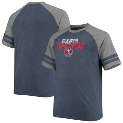 Fanatics Men's Big And Tall Navy, Heathered Gray New York Giants Throwback 2-stripe Raglan T-shirt In Navy,heathered Gray