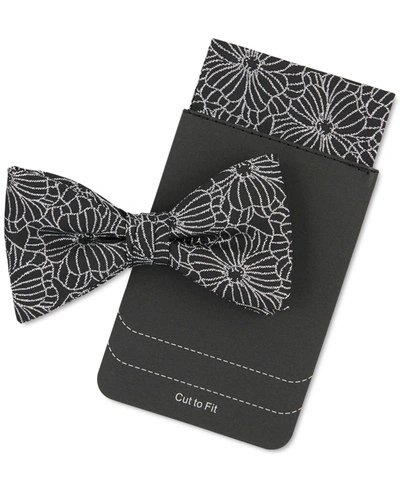 Tallia Men's Black Lurex Floral Bow Tie & Pocket Square Set