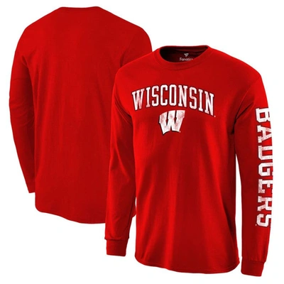 Fanatics Men's Red Wisconsin Badgers Distressed Arch Over Logo Long Sleeve Hit T-shirt In Scarlet