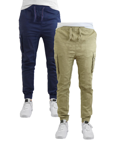 Galaxy By Harvic Men's Cotton Stretch Twill Cargo Joggers, Pack Of 2 In Navy,khaki