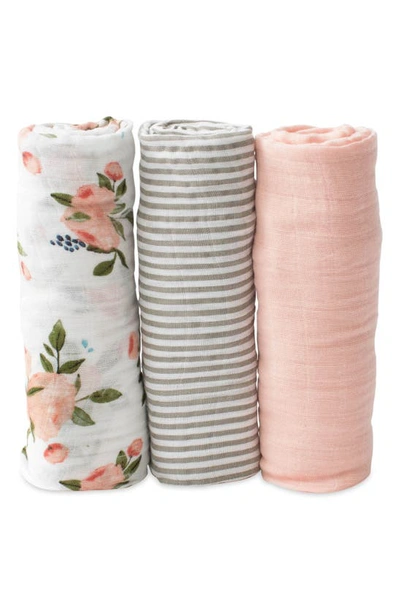 Little Unicorn Watercolor Roses Cotton Muslin 3-pack Swaddle Blanket Set In Watercolor Roses,grey Stripe And Rose P
