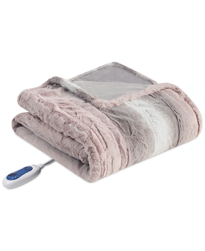 Beautyrest Zuri Electric Faux-fur Throw, 50" X 70" Bedding In Blush/grey