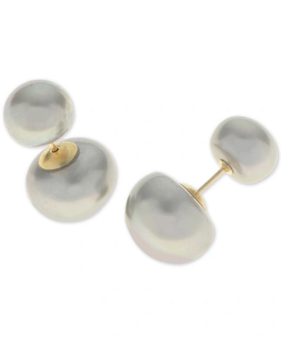Macy's Cultured Freshwater Pearl (8mm And 11-1/2mm) Front And Back Stud Earrings In 14k Gold In Gray