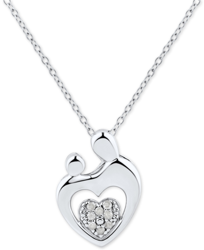 Macy's Diamond Heart Cluster Mother & Child Pendant Necklace (1/10 Ct. T.w.) In Sterling Silver