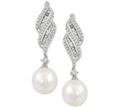 Arabella Cultured Freshwater Pearl (7mm) & Cubic Zirconia Drop Earrings In Sterling Silver, Created For Macy'