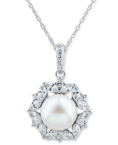 Arabella Cultured Freshwater Pearl (9mm) & Cubic Zirconia Halo 18" Pendant Necklace In Sterling Silver In White