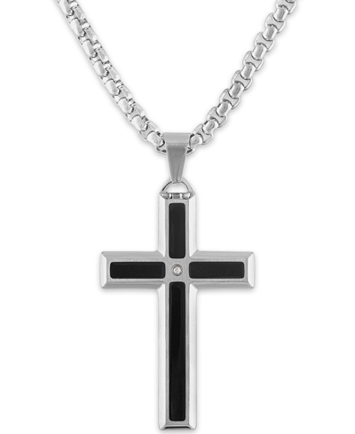 Macy's Men's Diamond Accent Black Enamel Cross 24" Pendant In Stainless Steel In Black,white