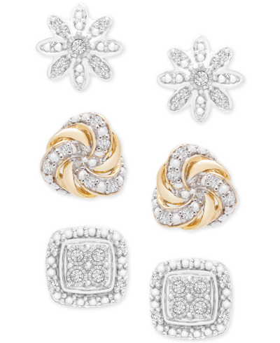 Macy's 3-pc. Diamond Stud Earrings Set (1/4 Ct. T.w.) In Sterling Silver & 14k Gold-plate In Sterling Silver  Gold-plate