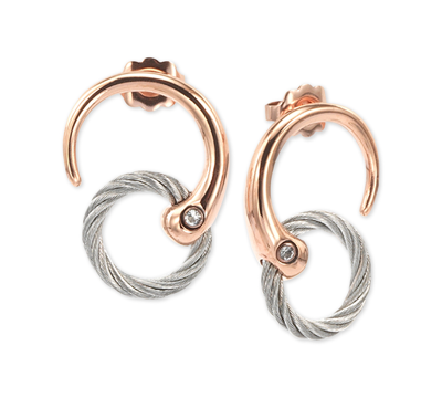 Charriol White Topaz Two-tone Circle Cable Drop Earrings In Pvd Stainless Steel And Rose Gold-tone In Gold / Rose / Rose Gold / White